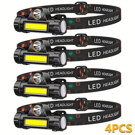 4 stk. LED Bærbar Pandelampe, USB Genopladelig COB Pandelampe, med Magnetisk Lommelygte, Er Meget Let, Justerbar Hovedrem, IP44