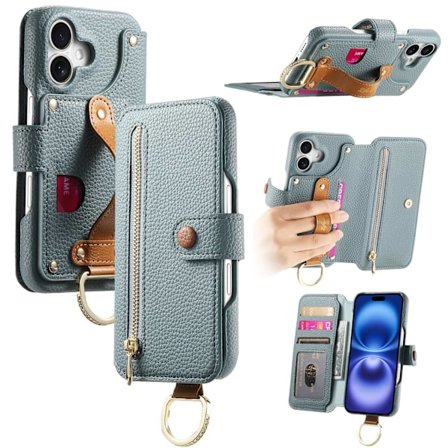 Etui til iPhone 16E/SE4/SE2025 blå Pebbled Leather Flip Wallet med kortholder