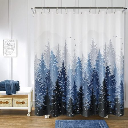 Duschdraperi med bergsskog, naturliga träd, tyg, blå kostym