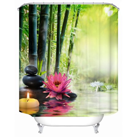 Duschdraperi i bambu med röd lotus, med 12 plastkrokar