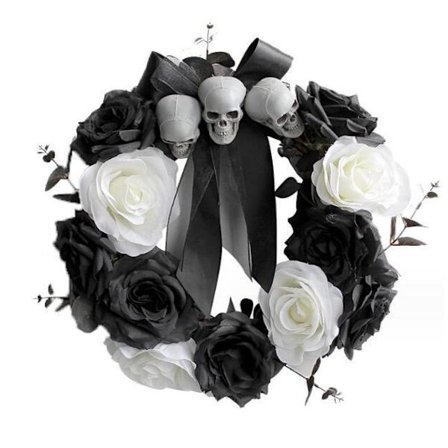 Halloween-krans med svarte og hvite roser og hodeskalle