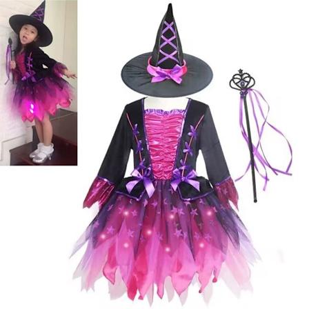 Häxkostym för flickor med Ljus - Häx Halloween Kostymer 100