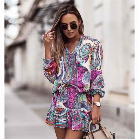 Höst Lös V-ringad Print Snörning Vintage Klänning Casual Långärmad