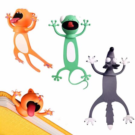 3-pack Galna Bokmärken Djurbokmärken 3D Roliga Bokmärken Katt, Varg och Gecko