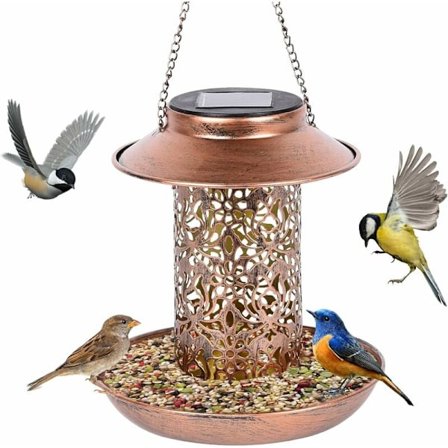 Solcelled Fuglefoderautomat, Metal Fuglefoderautomat, Solcelled Hængende Fuglefoderautomat, Fuglefoderautomat til Have, Have, Baghave Udendørs 