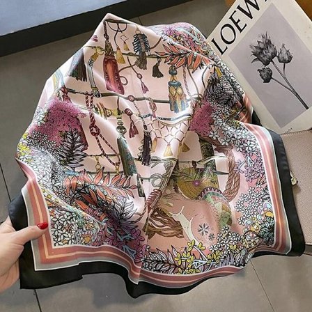 100% silkeskjerf for kvinner, vintage rosa og svart firkantskjerf/hodeskjerf/sjal, 68*68 cm