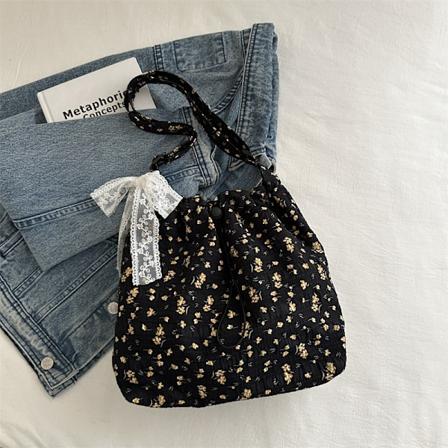Korealainen tyyli Lazy Style Sweet Floral Bag Lättvikt Fashionable Casual Axel Crossbody Bag Instagram Populär Snygg Bucket Bage Black