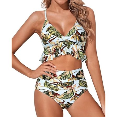 Two Piece Swimsuits for Women High Waist Ruffle Bikini Set V Neck Tummy Control Swimsuit Black Coco Tree Bathing Suit