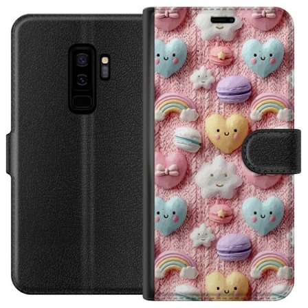 Kompatibelt Lommeboketui til Samsung Galaxy S9+ Pastellmotiv med hjerter, skyer, regnbuer og makroner mot rosa bakgrunn i en søt drømmende stil.
