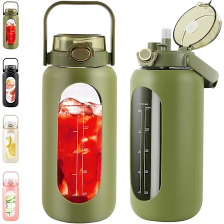 2 Liters Glasvattenflaska med Sugrör och Handtag - 64oz Motiverande Vattenkanna med Tidsmarkering och Silikonfodral