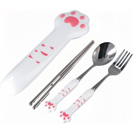 3-delt tegneserie sød katteklo ske gaffel spisepinde sæt udendørs camping bærbar service sæt (2 dele) Pink