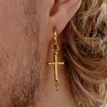Pendiente de aro de acero dorado con colgantes de cruz y cadena para hombres - Pendientes de cruz