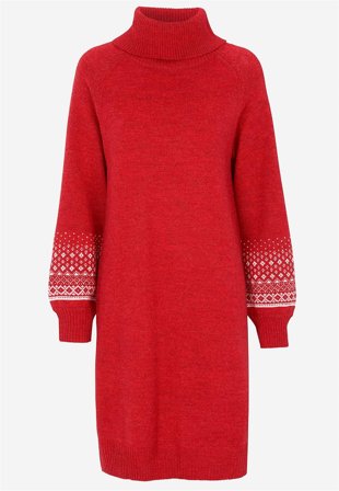 Cellbes of Sweden - Strikket kjole med jacquardmønstrede ærmer i rød / mønstret til damer i størrelse 50/52