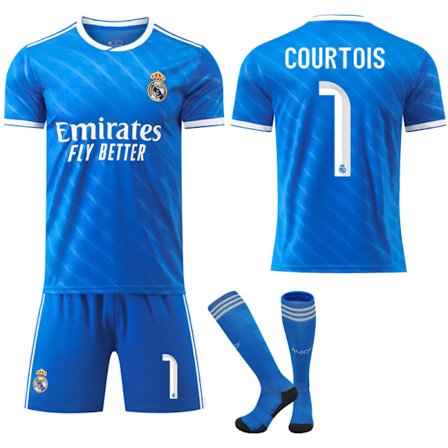 25-26 Real Madrid Bortedrakt Blå Fotballdrakt med Sokker Nr. 1 COURTOIS