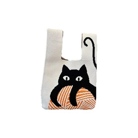 Handgjord Cat Knit Handväska Dam Mini Tote Bag Shoppingpåsar
