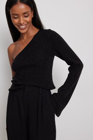NA-KD One-Shoulder-Top aus Glitzerstrick - Stricktops - Schwarz - Large