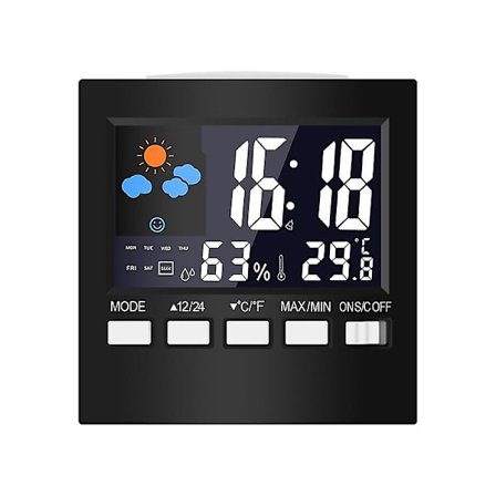 Multifunksjonell LCD-skjerm værstasjon temperatur alarmklokke fuktighetsmonitor klokke med slumreklokke / kalender / stemmestyring