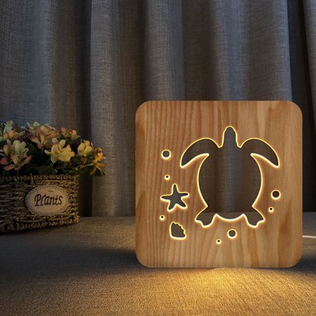 Nattlys i tre med lyspære for skilpadde, 3D-lampe, kreativ trelampe, enkle dekorative lys, 3D-treskjæringsmønster LED-nattlys for skrivebord