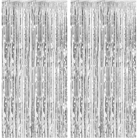 2 Pak Foliegardin Baggrund Sølv Metalisk Glitrende Folie Frynser Gardiner Foto til Fødselsdag Bryllup Forlovelse Babyshower Fest Dekorationer