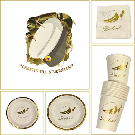 Studentpaket Vit/Guld Tallrikar Servetter Muggar Girlang Student