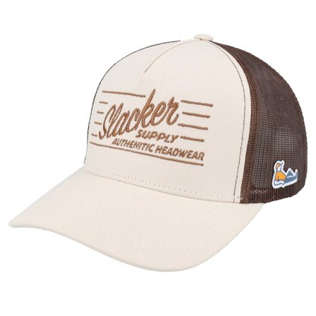 Slacker Supply - Beige trucker Cap - Retro Logo Canvas Beige/Brown A-frame Trucker @ Hatstore