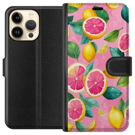 Kompatibelt Plånboksfodral till Apple Apple iPhone 14 Pro Max Fräscht rosa citrusmönster med citroner, grapefrukt och gröna blad på pastellbakgru