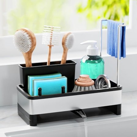 Kjøkkenvaskorganisator med automatisk dreneringsbrett, svampholder for håndklestativ, kjøkkenoppbevaring og organiseringstilbehør (Svart)