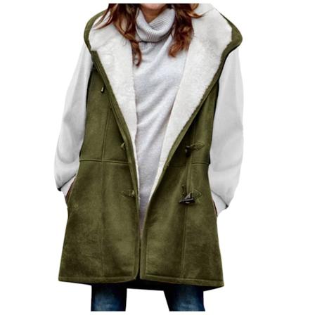 (M) Vinterjakker til kvinder Horn knap fleece tyk frakke Casual Sherpa foret hættejakke varm overtøj