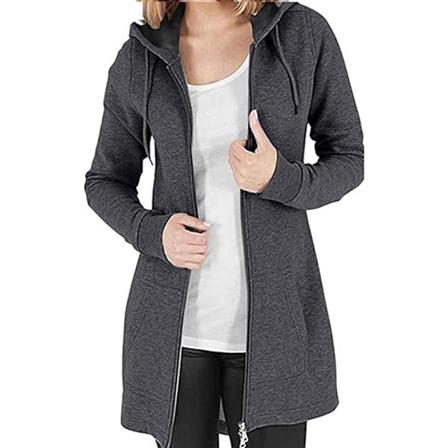 Dame Lang Hoodies Ensfarvet Sweatshirts Langærmet Lynlås Sweatshirt Jakke 2 Lomme Hoodies Efterår og Vinter