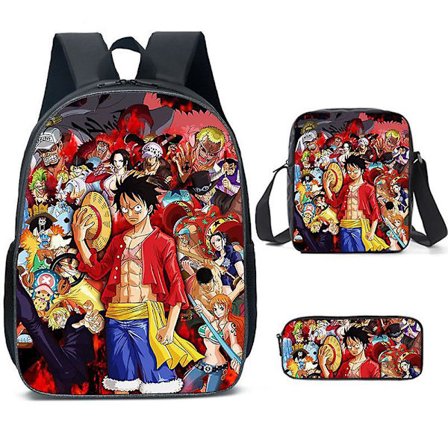 Anime One Piece Print 3-delt sæt til børn - Rygsæk, madpakke og crossbody taske med blyants etui (FMY)