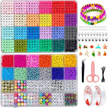 7655 Stk. Lerperler Armbåndsfremstillingskit - 4800 Stk. 6mm Flade Perler Polymer Lerperler, 2000 Stk. 4mm Glasfrøperler Ponyperler, 720 Stk. 