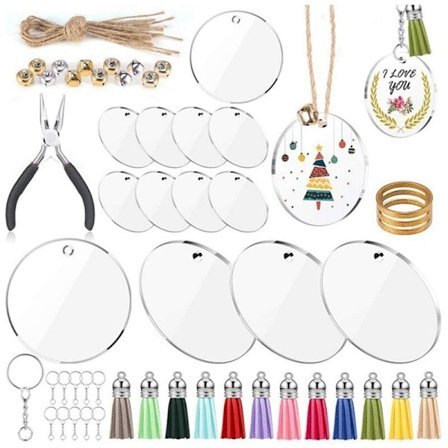 74 kappaleen setti akryyliset läpinäkyvät ympyrälevyt, avaimenperiä ja DIY-levyjä satunnaisen värisellä tupsu-riipuksella DIY-askarteluun