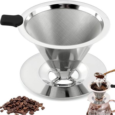 Gjenbrukbart kaffefilter i rustfritt stål, permanent, papirløs holder for reise, camping, kontorbruk, sølv