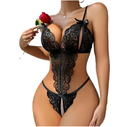 Babydoll Underkläder för Kvinnor, Blommig Spets Teddy Bodysuit med Rygglös Djup V-design och Ihåliga Band för Alla Hjärtans Dag och Speciella 