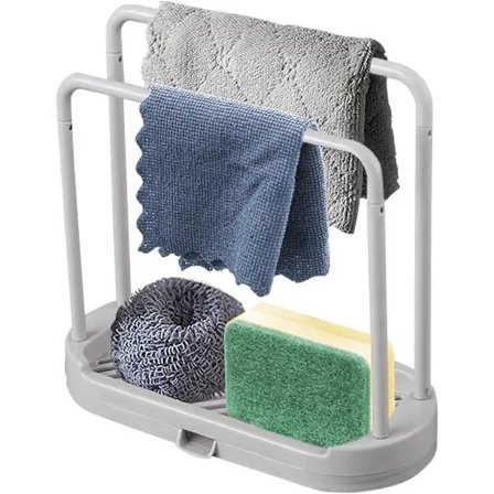 Diskbänkshållare - Disktrasahållare - Köksdukshållare - Hållare för Svamp, Diskhandduk, Rengöringsduk, Borste, Förvaring och Tyg (Grå)