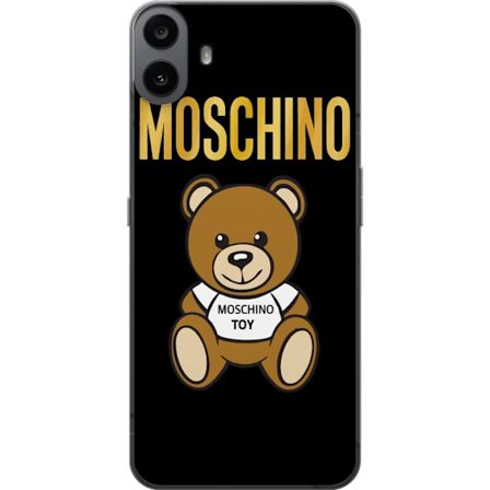 Kompatibelt Mobilskal till Nothing CMF Phone 1 Moschino-inspirerad nallebjörn med text på tröjan, centrerad mot svart bakgrund med tydlig mode- och