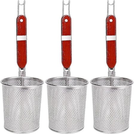 (pow yeah!) 3-pak Netpasta Kurv med Træhåndtag - Rustfrit Stål Si til Pasta