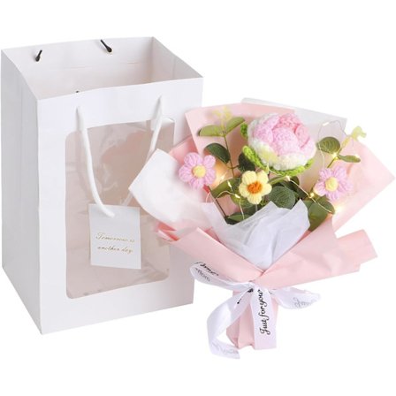 Hæklet Blomsterbuket, Håndlavet Strikket Rose & Puff Blomsterarrangement til Boligindretning, Bryllup, Lærerdag, Fødselsdagsgave – Pink