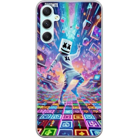 Kompatibel Mobilcover til Samsung Galaxy A34 Marshmello danser i et neonfyldt digitalt landskab, hvor farver, symboler og teknologi flyver rundt og sk