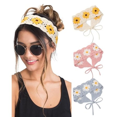 3 stk Beige+Blå Rosa Hippie Hårbånd Hodebånd for Kvinner Boho Hodebånd Strikkede Hårbånd Blomster Hodeplagg for Jenter