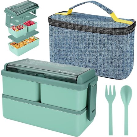 1400ml Madkasse med 3 Rum (Grøn) - 2-lags Bento Box