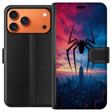 Kompatibelt Lommeboketui til Apple Apple iPhone 17 Pro Max Stilisert edderkopp over bysilhuett i dramatisk solnedgang, grafisk fantasyillustrasjon med