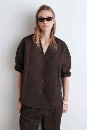 COS Women's V Neck Linen Cotton Shirt in Brown