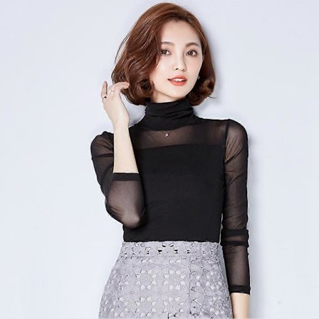 Fashionabla Dam Enfärgad T-shirt Perspektiv Hög Krage Slim Långärmad Tröja (Svart M)