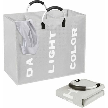 Taitettava pyykkikori (80 l, 60 x 32 x 49 cm), 3 osastoa rengaskahvalla, suuri pyykkikori värikkäille, valkoisille ja tummille vaatteille