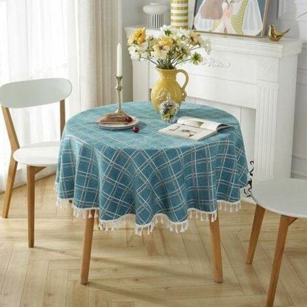 KZQ Rund bomulls- och linnenedduk med fransar, fläckresistent tvättbart bordskydd 140x140cm