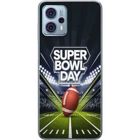 Kompatibelt Mobildeksel til Motorola Moto G23 Super Bowl Day plakat med amerikansk fotball på opplyst arena i dramatisk sportsdesign