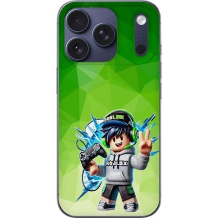 Kompatibelt Mobildeksel til Apple iPhone 17 Pro Roblox-inspirert gamerfigur med headset, håndkontroll og energiske effekter mot grønn bakgrunn