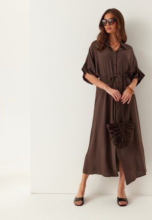 BUBBLEROOM - Drawstring Viscose Shirt Dress - Dark brown