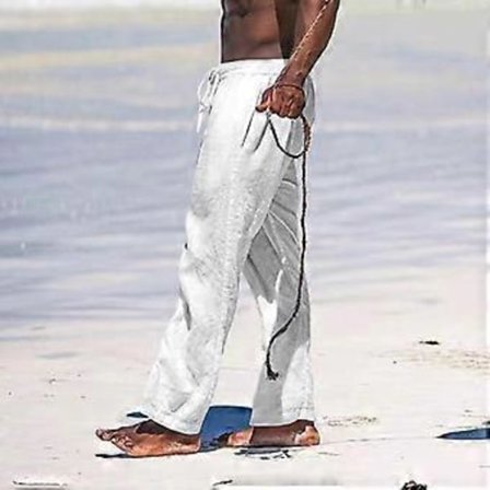 Herre Sommer Åndbare Hør Bukser Letvægts Yoga Strand Bomuld Hør Ensfarvede Bukser Løse Afslappede (M hvid)